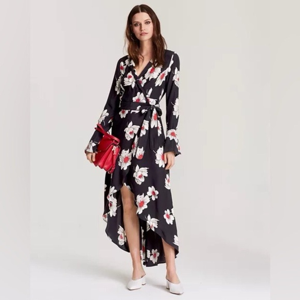 Equipment Black and White Floral High Low silk wrap Dress